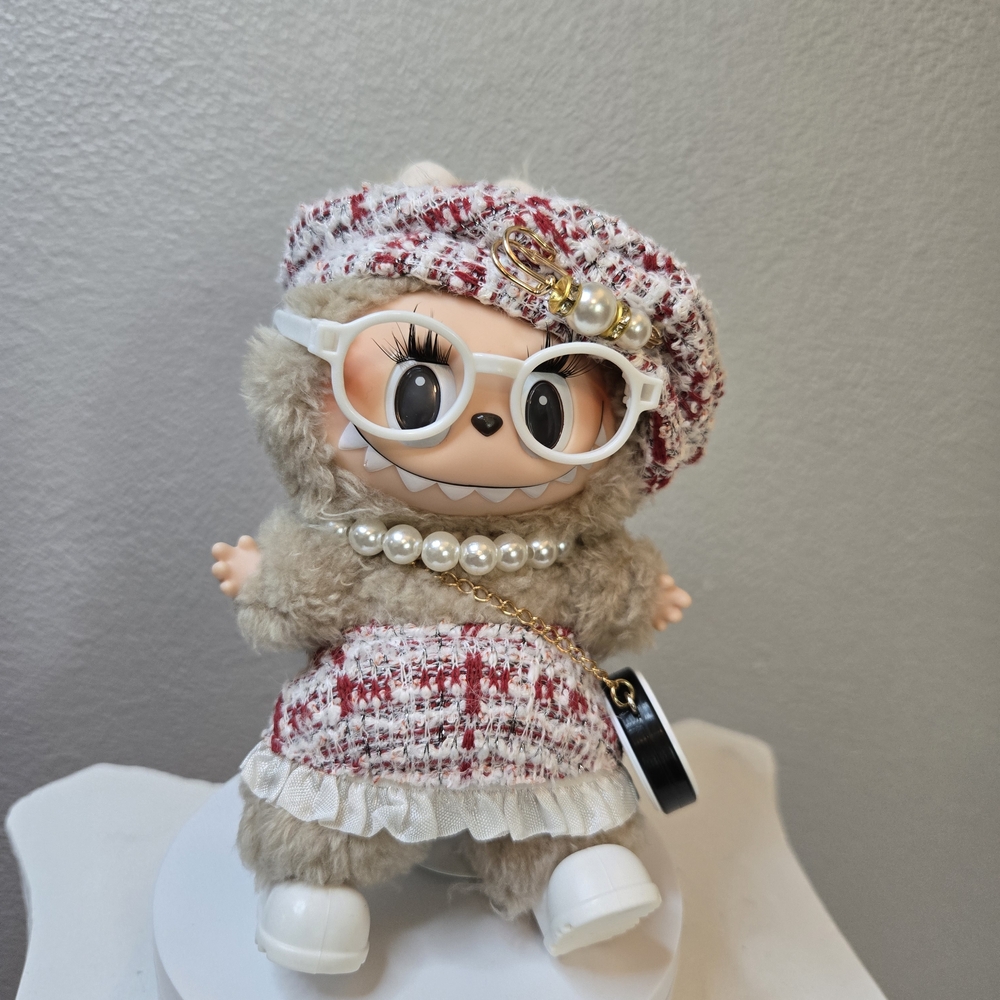 Clothing For Labubu Dress With Glasses, Shoes, Necklace,Purse. Doll Not Included